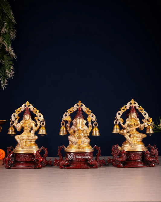 Brassaura® Antique Lakshmi Ganesha Saraswati Idol Set | Pure Superfine Brass Handcrafted Murti | Brass Statue for Home Temple, Pooja Room | Height 8.2 Inches | Weight 6.51 Kgs