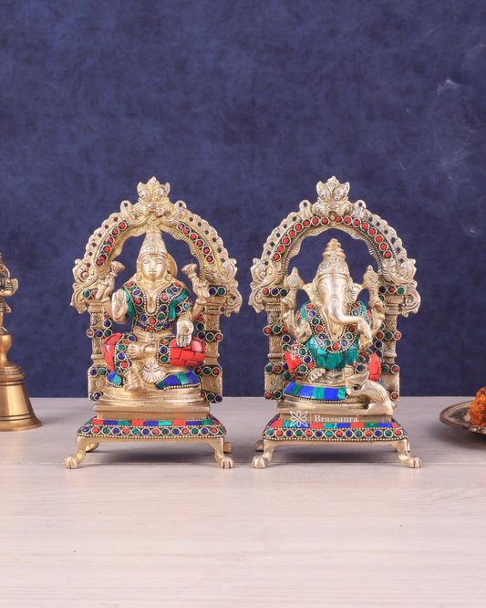 Brassaura® Gemstone Work Lakshmi Ganesha Idol Set | Pure Superfine Brass Handcrafted Murti | Brass Statue for Home Temple, Pooja Room | Height 8 Inches | Weight 4 Kgs