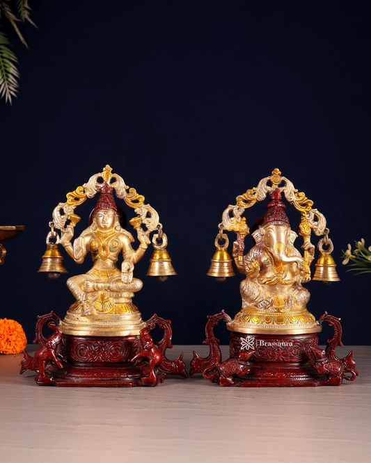 Brassaura™ हस्तनिर्मित पीतल लक्ष्मी गणेश प्रतिमा – ऊँचाई 8.2 इंच और वज़न 4.34 किलोग्राम | पूजा कक्ष की मूर्ति