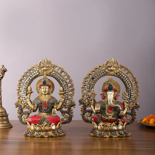 Brassaura® Lakshmi Ganesha Idol Set with Elegant Gemstone Inlay Work | Pure Superfine Brass Handcrafted Murti | Brass Statue for Home Temple, Pooja Room | Height 9.5 Inches | Weight 6.8 Kgs