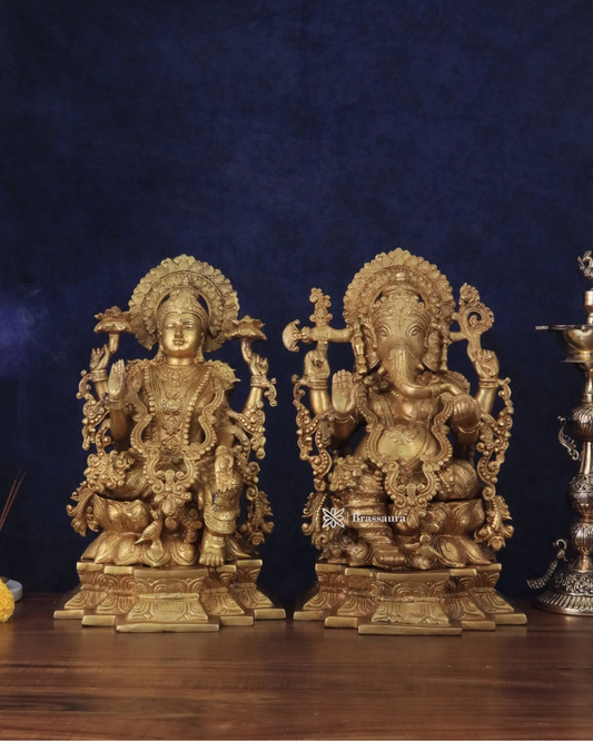 Brassaura® Grand Artistic Lakshmi Ganesha Idol Set with Fine Traditional Detailing | Pure Superfine Brass Handcrafted Murti | Brass Statue for Home Temple, Pooja Room | Height 18 Inches | Weight 40 Kgs