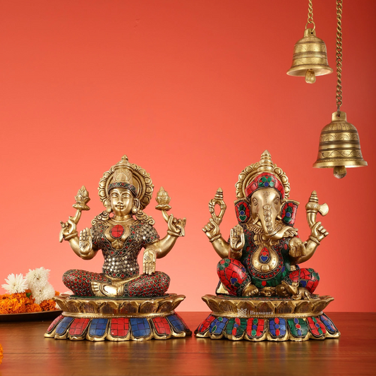 Brassaura® Lakshmi Ganesha Idol Set with Vibrant Gemstone Inlay | Pure Superfine Brass Handcrafted Murti | Brass Statue for Home Temple, Pooja Room | Height 11 Inches | Weight 14 Kgs