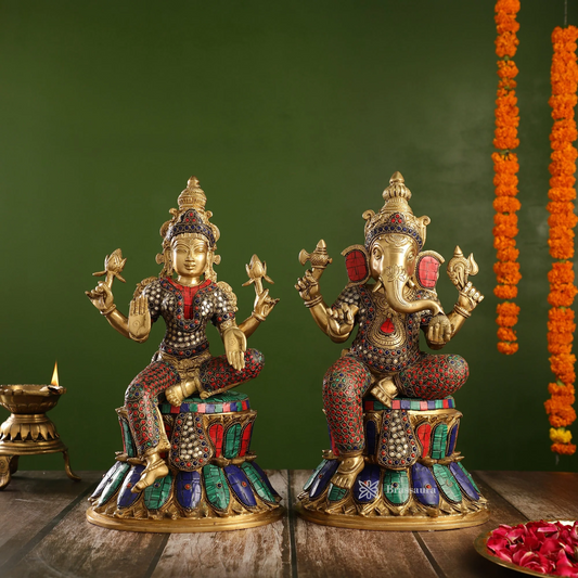 Brassaura® Lakshmi Ganesha Idol Set with Antique Brass & Gemstone Detailing | Pure Superfine Brass Handcrafted Murti | Brass Statue for Home Temple, Pooja Room | Height 15 Inches | Weight 17 Kgs