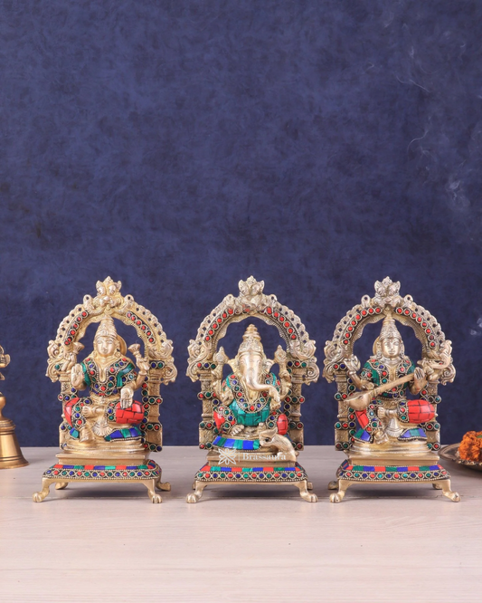 Brassaura® Lakshmi Ganesha Saraswati Idol Set with Intricate Gemstone Work | Pure Superfine Brass Handcrafted Murti | Brass Statue for Home Temple, Pooja Room | Height 8 Inches | Weight 6 Kgs