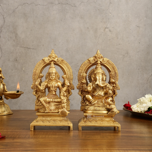 ब्रासौर® दस्तकारी पीतल की लक्ष्मी गणेश मूर्ति - ऊंचाई 7 इंच | पूजा कक्ष की मूर्ति