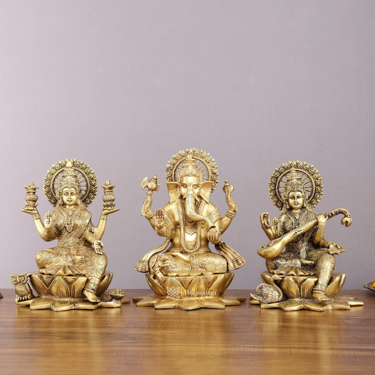 Brassaura® Antique Finish Lakshmi Ganesha Saraswati Idol Set | Pure Superfine Brass Handcrafted Murti | Brass Statue for Home Temple, Pooja Room | Height 11 Inches | Weight 19 Kgs