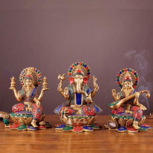 Brassaura® Lakshmi Ganesha Saraswati Murti Set with Fine Gemstone Work | Pure Superfine Brass Handcrafted Murti | Brass Statue for Home Temple, Pooja Room | Height 12 Inches | Weight 19 Kgs