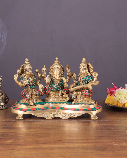 Brassaura® Lakshmi Ganesha Saraswati Idol Set with Gemstone Work | Pure Superfine Brass Handcrafted Murti | Brass Statue for Home Temple, Pooja Room | Height 6.2 Inches | Weight 3 Kgs