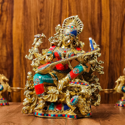 Brassaura™ Artistic Brass Gem Stone Work Saraswati Idol – Height 16 Inches & Weight 15 Kgs | Puja & Temple Décor