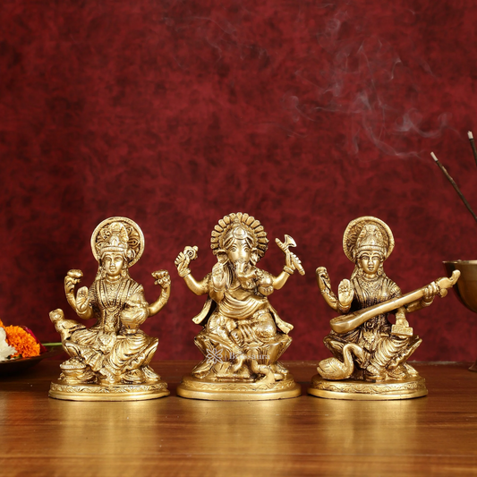 Brassaura® Antique Lakshmi Ganesha Saraswati Idol Set | Pure Superfine Brass Handcrafted Murti | Brass Statue for Home Temple, Pooja Room | Height 5 Inches | Weight 3 Kgs