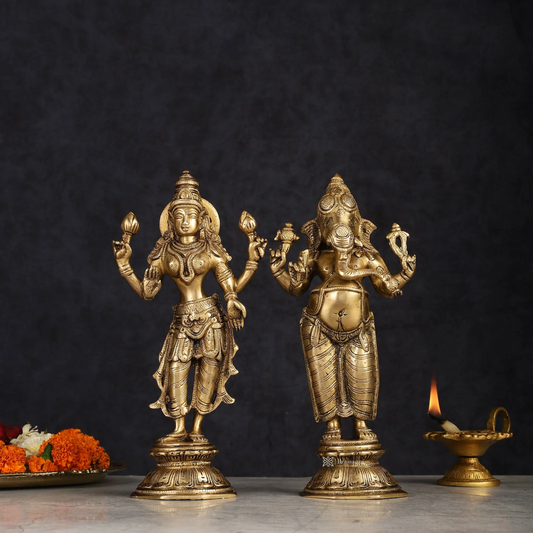 ब्रासौड़ा® ब्रास लक्ष्मी गणेश मूर्ति - ऊंचाई 10 इंच | मंदिर और गृह प्रतिमा