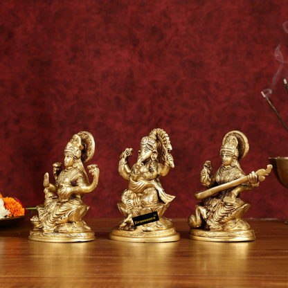 Brassaura® Antique Lakshmi Ganesha Saraswati Idol Set | Pure Superfine Brass Handcrafted Murti | Brass Statue for Home Temple, Pooja Room | Height 5 Inches | Weight 3 Kgs