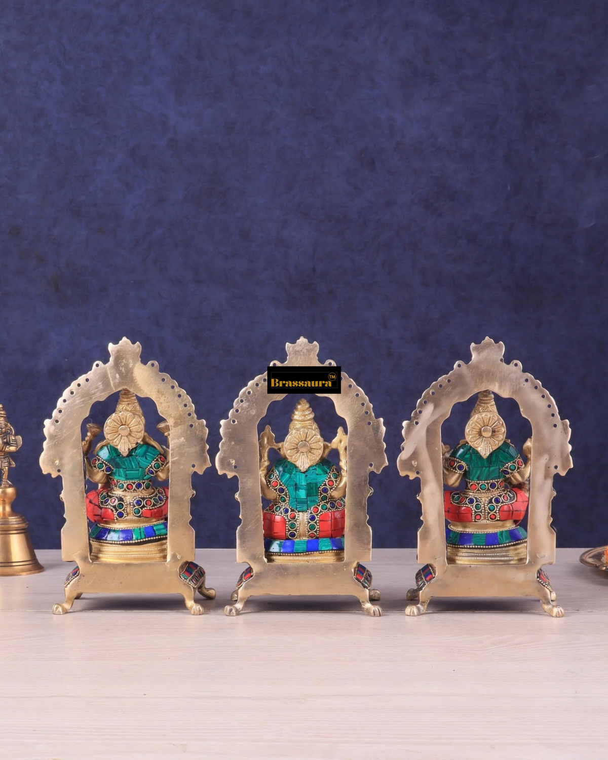 Brassaura® Lakshmi Ganesha Saraswati Idol Set with Intricate Gemstone Work | Pure Superfine Brass Handcrafted Murti | Brass Statue for Home Temple, Pooja Room | Height 8 Inches | Weight 6 Kgs