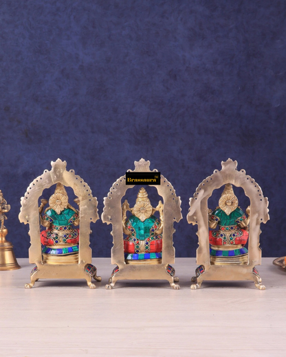 Brassaura® Lakshmi Ganesha Saraswati Idol Set with Intricate Gemstone Work | Pure Superfine Brass Handcrafted Murti | Brass Statue for Home Temple, Pooja Room | Height 8 Inches | Weight 6 Kgs