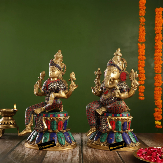 Brassaura® Lakshmi Ganesha Idol Set with Antique Brass & Gemstone Detailing | Pure Superfine Brass Handcrafted Murti | Brass Statue for Home Temple, Pooja Room | Height 15 Inches | Weight 17 Kgs