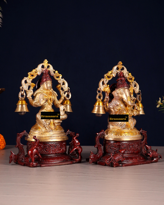 Brassaura™ हस्तनिर्मित पीतल लक्ष्मी गणेश प्रतिमा – ऊँचाई 8.2 इंच और वज़न 4.34 किलोग्राम | पूजा कक्ष की मूर्ति