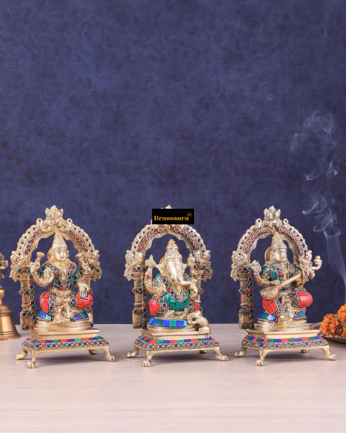 Brassaura® Lakshmi Ganesha Saraswati Idol Set with Intricate Gemstone Work | Pure Superfine Brass Handcrafted Murti | Brass Statue for Home Temple, Pooja Room | Height 8 Inches | Weight 6 Kgs