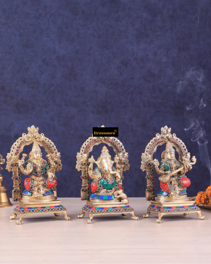 Brassaura® Lakshmi Ganesha Saraswati Idol Set with Intricate Gemstone Work | Pure Superfine Brass Handcrafted Murti | Brass Statue for Home Temple, Pooja Room | Height 8 Inches | Weight 6 Kgs