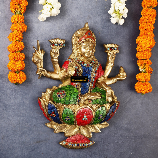 Brassaura® Brass Gem Stone Work Laxmi Mata for Wall Hanging- Height 12 Inches | Puja Room Statue