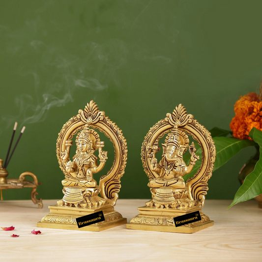 Brassaura® Brass Lakshmi Ganesha Idol Set | Pure Superfine Brass Handcrafted Murti | Brass Statue for Home Temple, Pooja Room | Height 7 Inches | Weight 3 Kgs