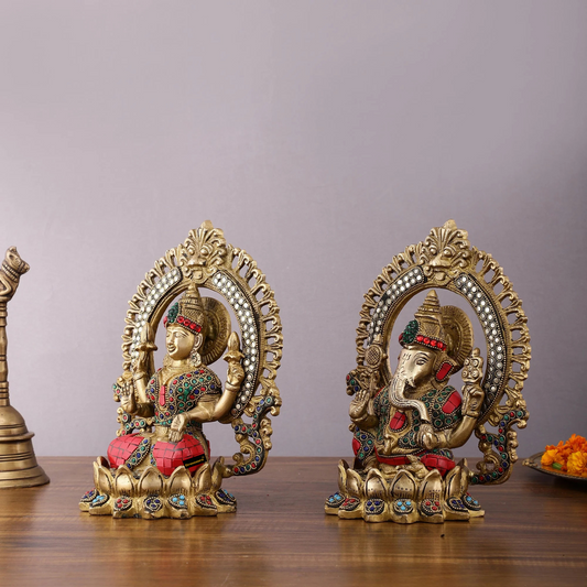 Brassaura® Lakshmi Ganesha Idol Set with Elegant Gemstone Inlay Work | Pure Superfine Brass Handcrafted Murti | Brass Statue for Home Temple, Pooja Room | Height 9.5 Inches | Weight 6.8 Kgs