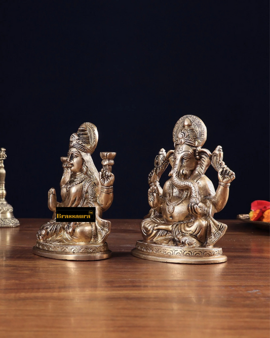 Brassaura® Brass Lakshmi Ganesha Idol Set with Fine Traditional Detailing | Pure Superfine Brass Handcrafted Murti | Brass Statue for Home Temple, Pooja Room | Height 6 Inches | Weight 2.6 Kgs