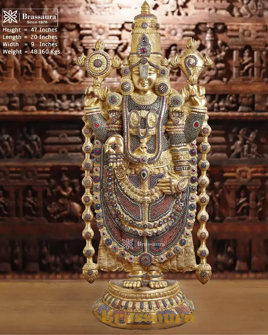 Brass Tirupati Balaji Statue, Teastament to Divine Artistry & Opulence, Crystal Stone Work 47" Inch & Weight 48.16 Kg