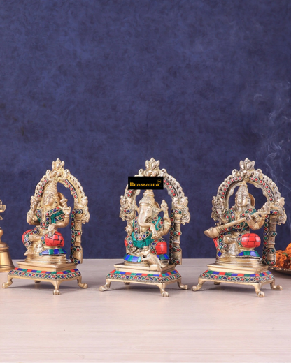 Brassaura® Lakshmi Ganesha Saraswati Idol Set with Intricate Gemstone Work | Pure Superfine Brass Handcrafted Murti | Brass Statue for Home Temple, Pooja Room | Height 8 Inches | Weight 6 Kgs