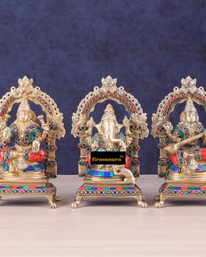 Brassaura® Lakshmi Ganesha Saraswati Idol Set with Intricate Gemstone Work | Pure Superfine Brass Handcrafted Murti | Brass Statue for Home Temple, Pooja Room | Height 8 Inches | Weight 6 Kgs