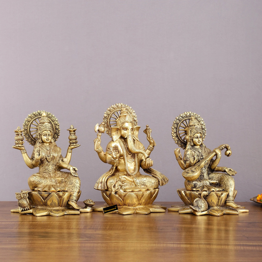 Brassaura® Antique Finish Lakshmi Ganesha Saraswati Idol Set | Pure Superfine Brass Handcrafted Murti | Brass Statue for Home Temple, Pooja Room | Height 11 Inches | Weight 19 Kgs