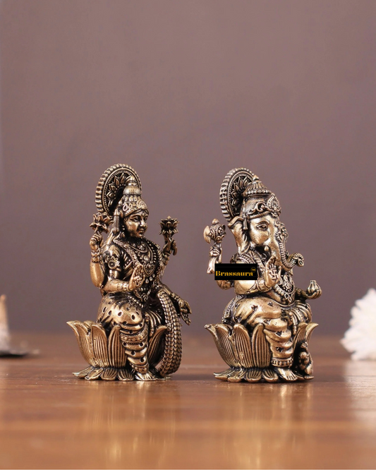 ब्रसौरा® हस्तनिर्मित पीतल लक्ष्मी गणेश प्रतिमा – ऊँचाई 2.5 इंच | पूजा कक्ष की मूर्ति