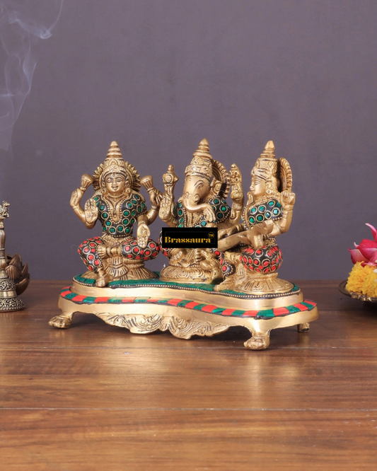 Brassaura® Lakshmi Ganesha Saraswati Idol Set with Gemstone Work | Pure Superfine Brass Handcrafted Murti | Brass Statue for Home Temple, Pooja Room | Height 6.2 Inches | Weight 3 Kgs