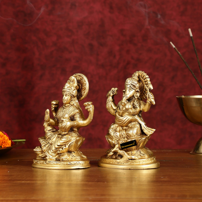 Brassaura® Artistic Lakshmi Ganesha Idol Set with Fine Traditional Detailing | Pure Superfine Brass Handcrafted Murti | Brass Statue for Home Temple, Pooja Room | Height 5 Inches | Weight 2 Kgs