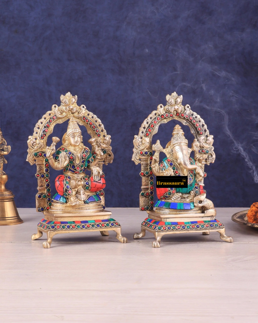 Brassaura® Gemstone Work Lakshmi Ganesha Idol Set | Pure Superfine Brass Handcrafted Murti | Brass Statue for Home Temple, Pooja Room | Height 8 Inches | Weight 4 Kgs