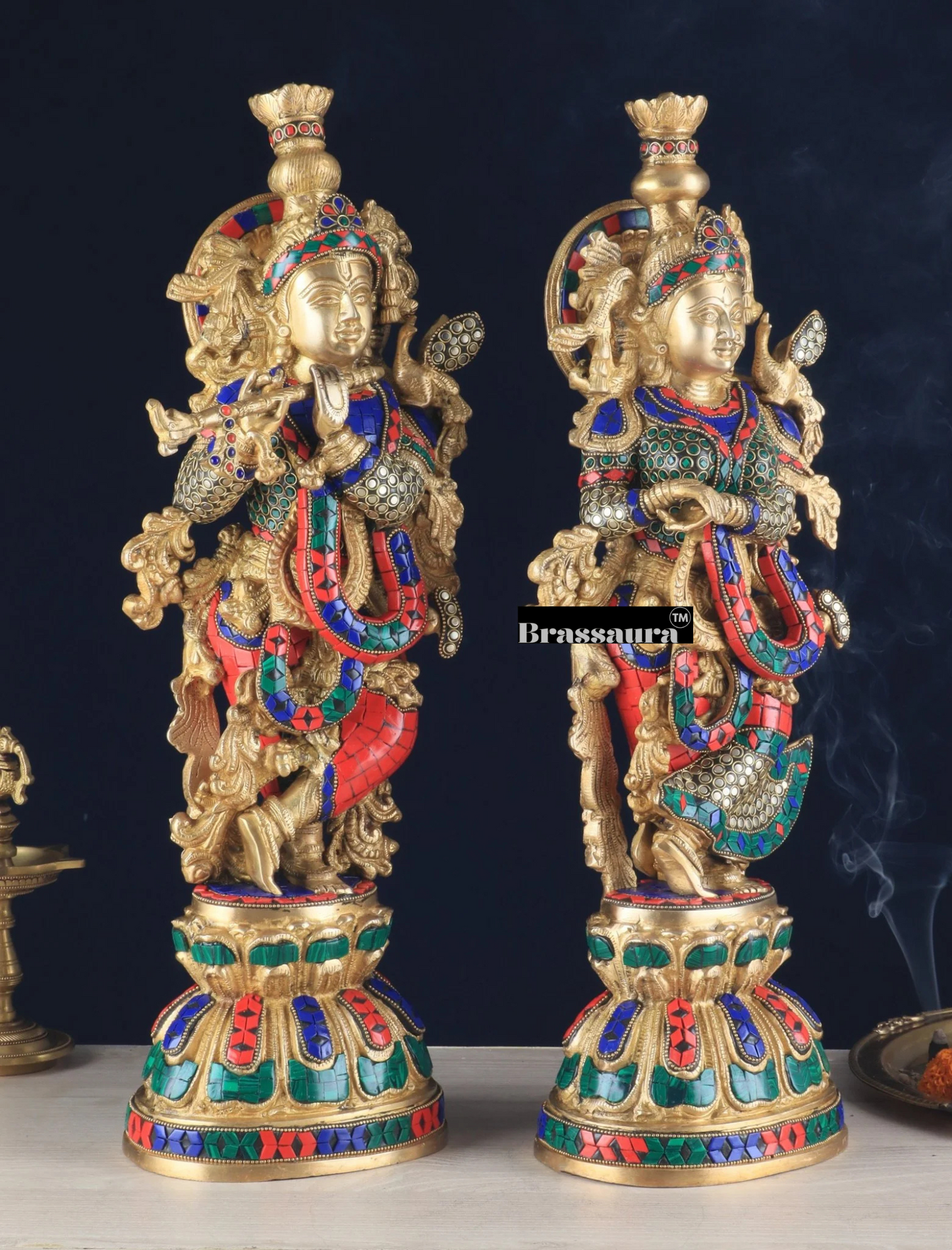 Brassaura™ Pure Brass Radha Krishna Statue with Rings & Natural Stones – Height 21 Inches & Weight 18 Kgs | Devotional Idol