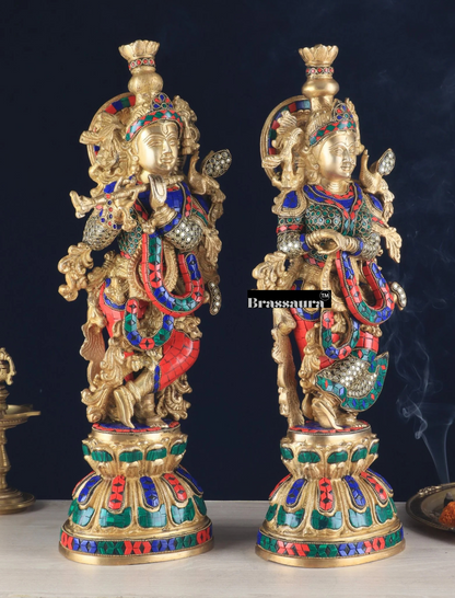 Brassaura™ Pure Brass Radha Krishna Statue with Rings & Natural Stones – Height 21 Inches & Weight 18 Kgs | Devotional Idol