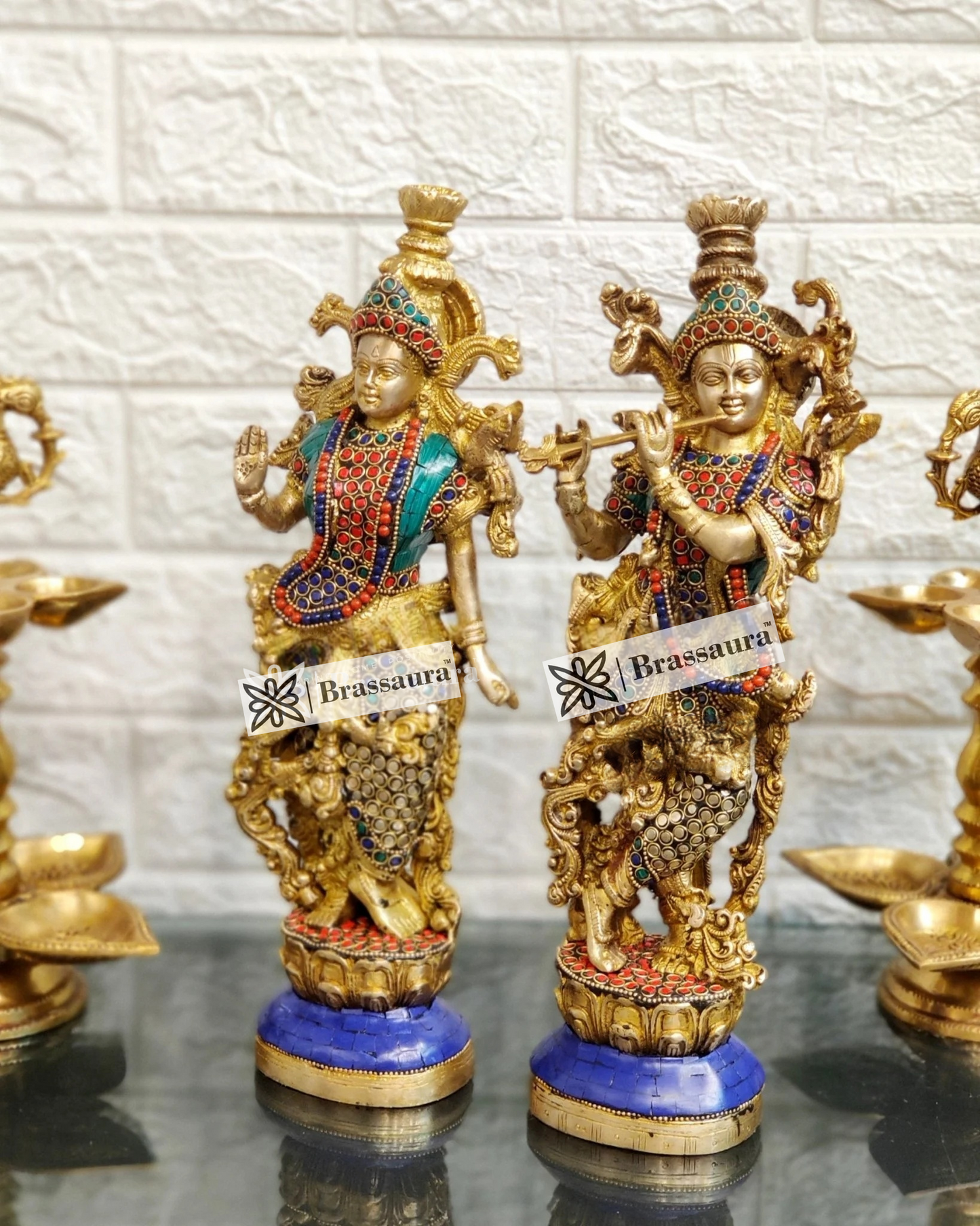 Brassaura™ Brass Gem Stone Work Radha-Krishna Idol – Height 14 Inches & Weight 8.5 Kgs | Devotional Home Décor