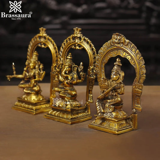 Brassaura® Lakshmi Ganesha Saraswati Murti | Pure Superfine Brass Handcrafted Murti | Brass Statue for Home Temple, Pooja Room | Height 9.5 Inches | Weight 7.98 Kgs