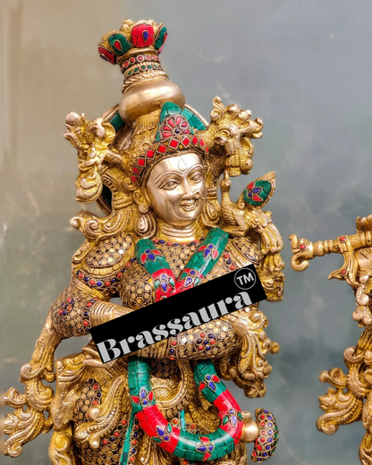 Brassaura™ Brass Gem Stone Work Radha-Krishna Statue – Height 29 Inches & Weight 34 Kgs | Spiritual Home Accent