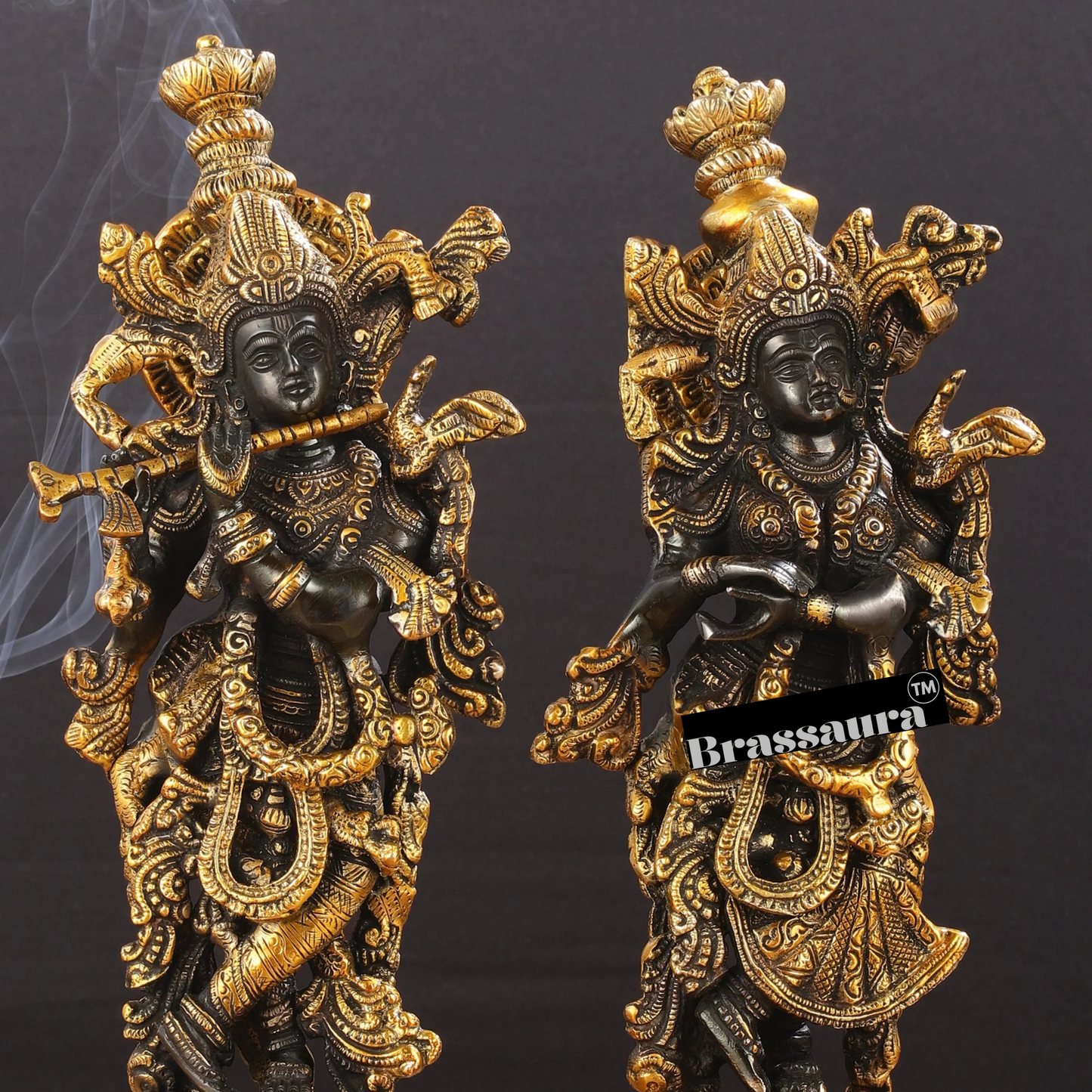 Brassaura™ Intricately Crafted Brass Radha Krishna Idols – 15 Inch Height, 10 Kg Pair | Black & Gold Heat-Treated Finish