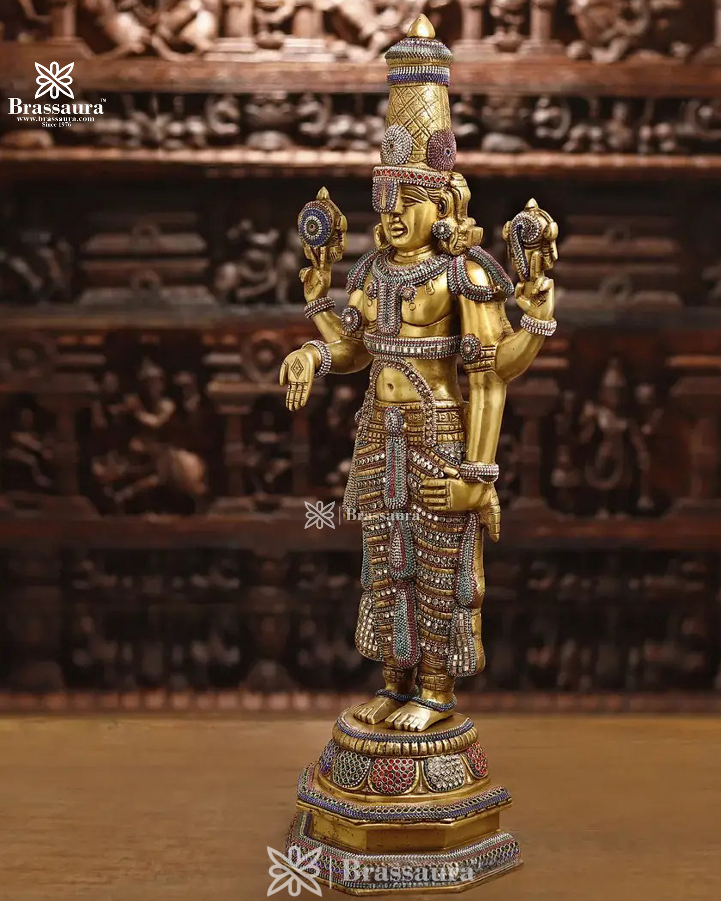 Brass Balaji Idol, Standing Enhanced with Semi-Precious Stone Inlay, 33 inch ", Weight 21.88 Kg