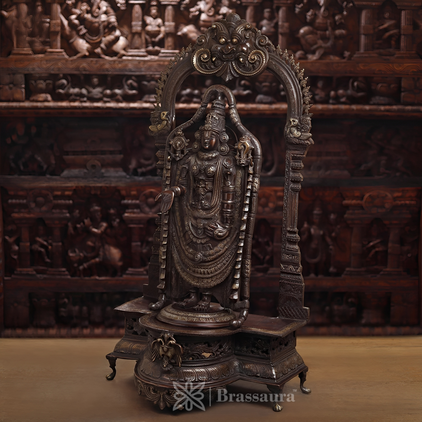 Brass Tirupati Balaji Statue, Standing Prabhavali Frame, Antique Finish 36" Inch & Weight 39.1 Kg
