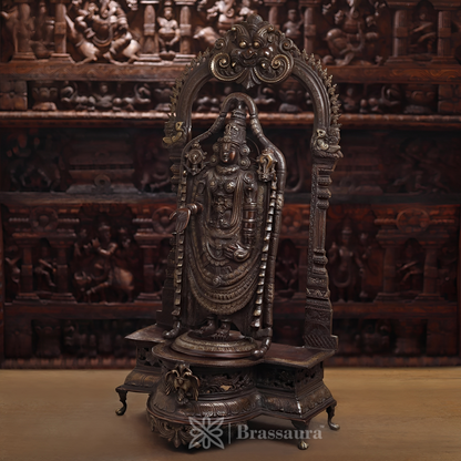 Brass Tirupati Balaji Statue, Standing Prabhavali Frame, Antique Finish 36" Inch & Weight 39.1 Kg