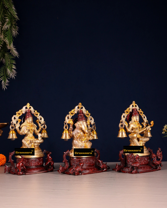 Brassaura® Antique Lakshmi Ganesha Saraswati Idol Set | Pure Superfine Brass Handcrafted Murti | Brass Statue for Home Temple, Pooja Room | Height 8.2 Inches | Weight 6.51 Kgs