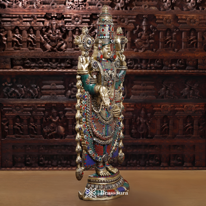 Brass Tirupati Balaji Idol, Venkateshwara Standing, Intricate Stone Work 46.5" Inch & Weight 47.47 Kg
