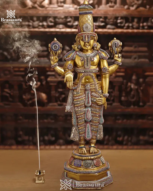 Brass Balaji Idol, Standing Enhanced with Semi-Precious Stone Inlay, 33 inch ", Weight 21.88 Kg