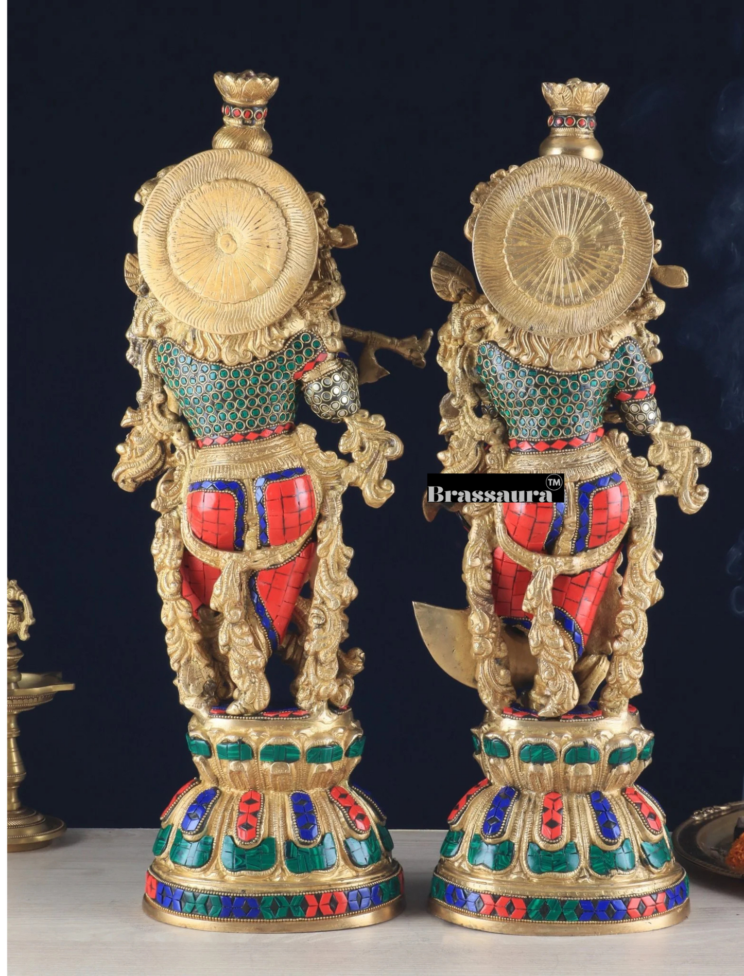 Brassaura™ Pure Brass Radha Krishna Statue with Rings & Natural Stones – Height 21 Inches & Weight 18 Kgs | Devotional Idol