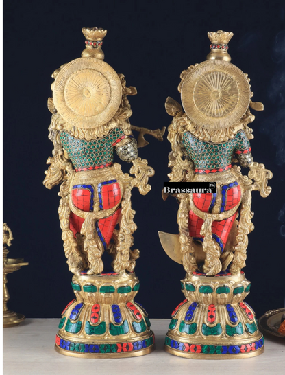 Brassaura™ Pure Brass Radha Krishna Statue with Rings & Natural Stones – Height 21 Inches & Weight 18 Kgs | Devotional Idol