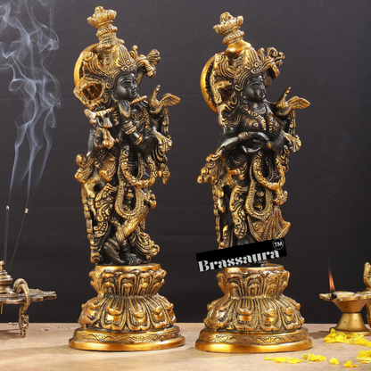 Brassaura™ Intricately Crafted Brass Radha Krishna Idols – 15 Inch Height, 10 Kg Pair | Black & Gold Heat-Treated Finish