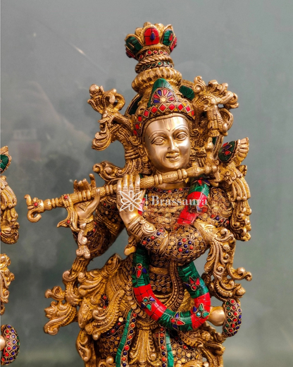 Brassaura™ Brass Gem Stone Work Radha-Krishna Statue – Height 29 Inches & Weight 34 Kgs | Spiritual Home Accent